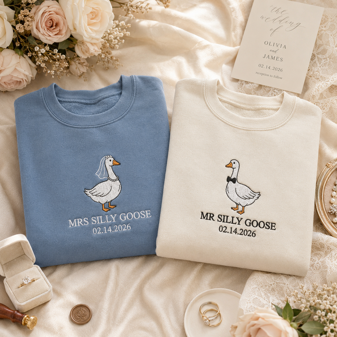 Embroidered Silly Geese Sweatshirt: Matching Newlywed Couple Tee
