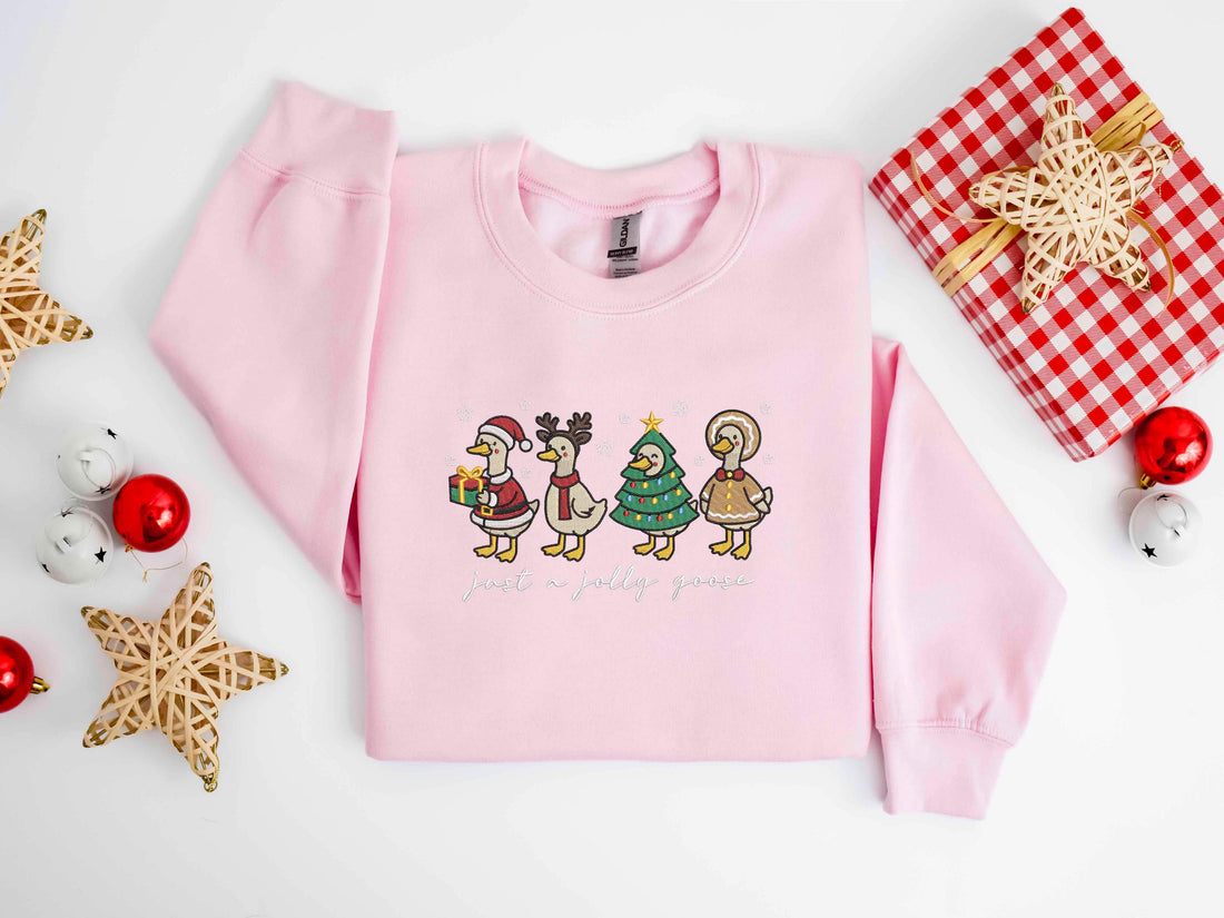 Funny Goose Christmas Embroidered Sweatshirt, Just a Jolly Goose Crewneck, Cute Holiday Goose Shirt, Christmas Goose Gift
