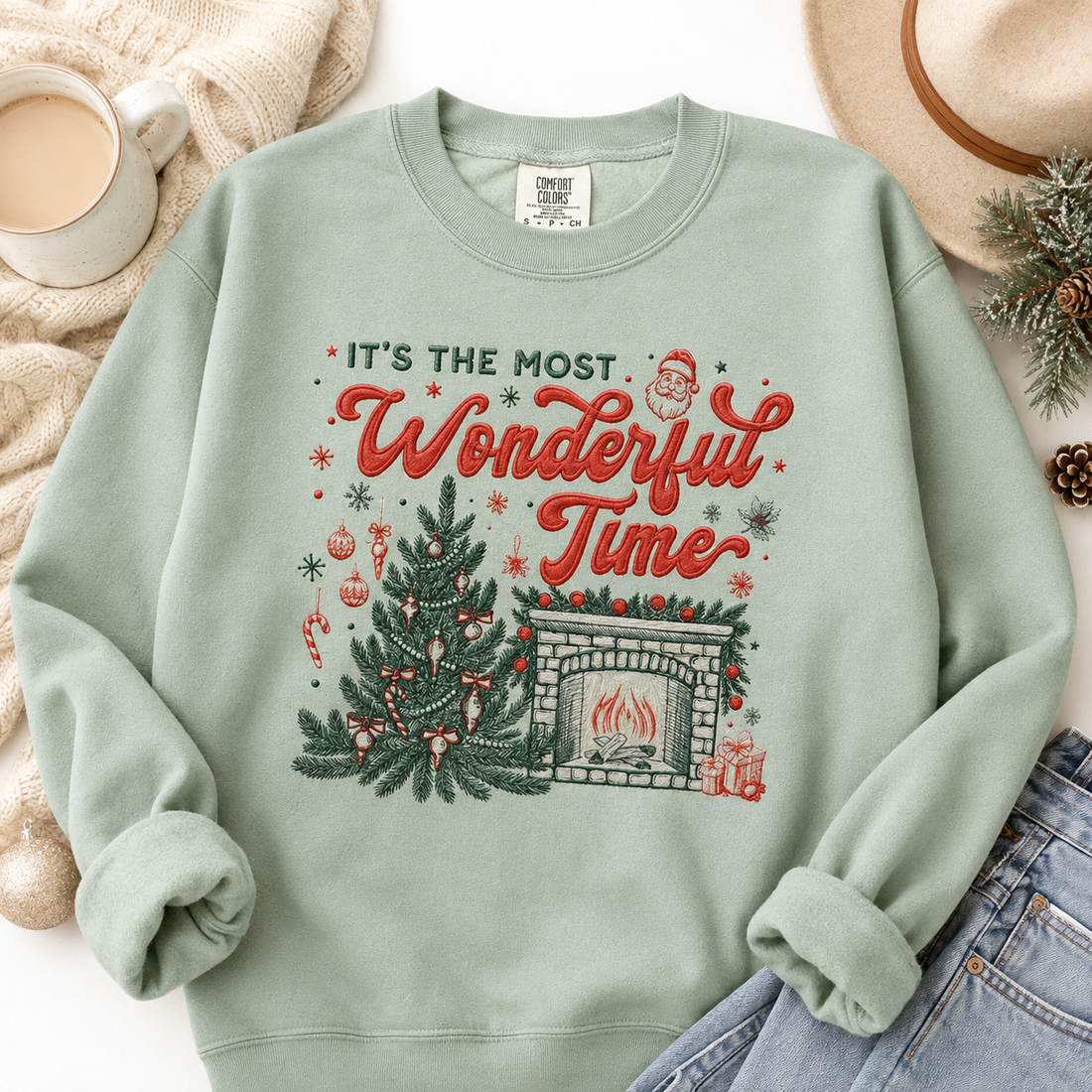 Embroidered Christmas Sweatshirt, It's The Most Wonderful Time Crewneck, Vintage Christmas Tree Sweatshirt, Cozy Holiday Embroidered Gift