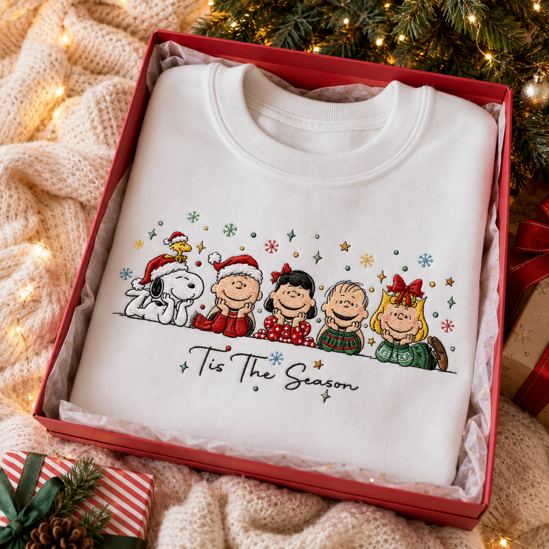 Retro Christmas Embroidered Sweatshirt, Tis The Season Holiday Crewneck, Vintage Cartoon Christmas Sweater, Cozy Holiday Friends Gift