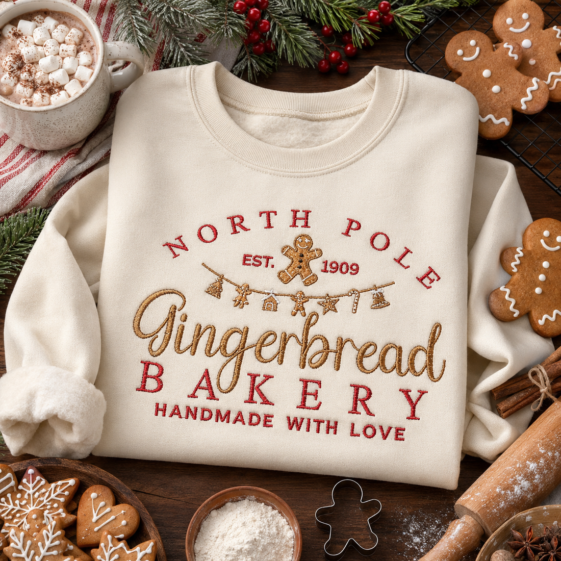 Embroidered Gingerbread Bakery Christmas Sweatshirt, North Pole Holiday Crewneck, Christmas Baking Pullover, Gingerbread Lover Gift