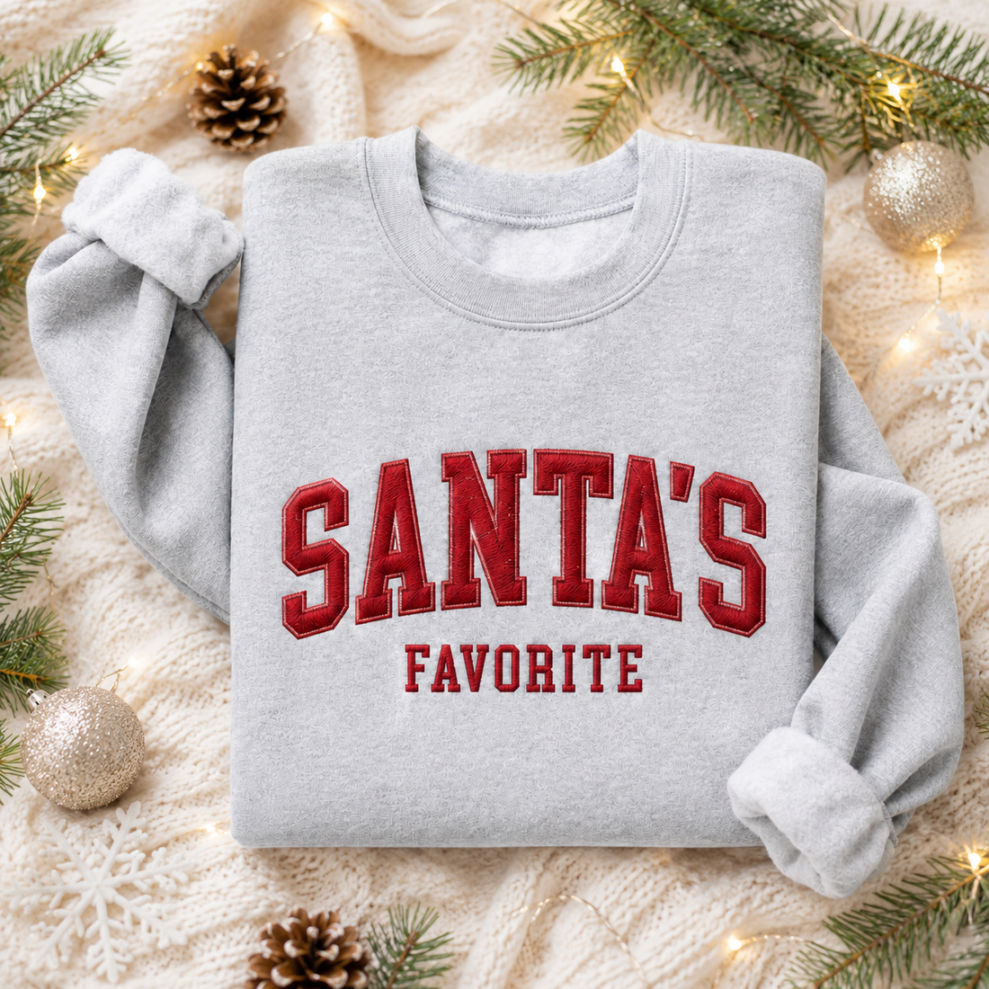 Santa’s Favorite Embroidered Christmas Sweatshirt, Funny Holiday Crewneck, Retro Varsity Christmas Sweater, Cute Festive Gift for Her