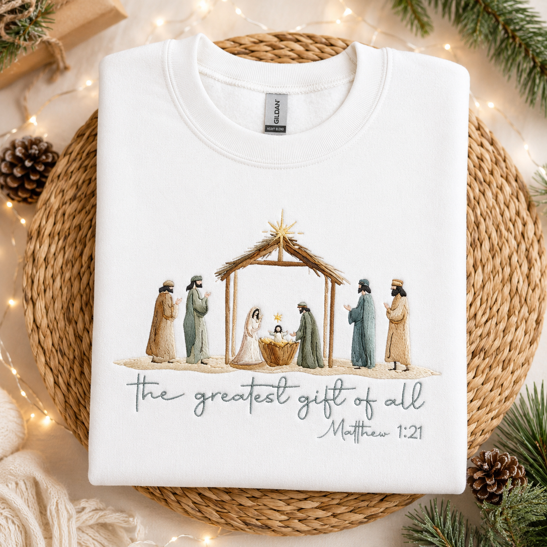 The Greatest Gift of All Embroidered Sweatshirt, Nativity Scene Christmas Crewneck, Christian Holiday Sweater, Religious Christmas Gift