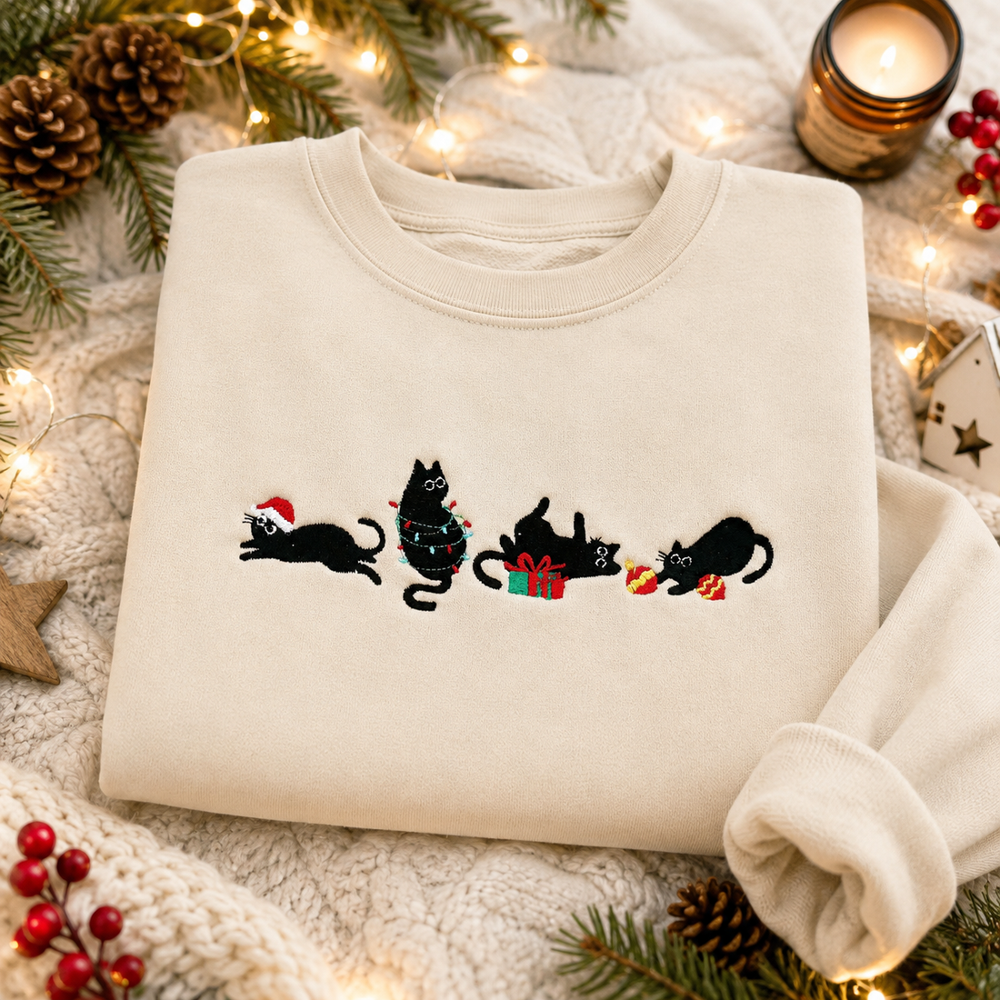 Christmas Cat Embroidered Sweatshirt, Funny Black Cat Holiday Crewneck, Cute Christmas Kitty Pullover, Cat Lover Xmas Gift