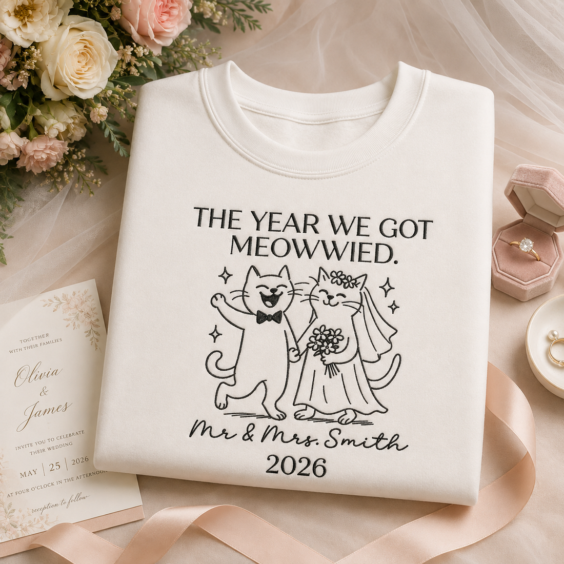 Personalized Cat Wedding Embroidered Shirt, Funny Newlywed Couple Tee, Custom Mr & Mrs Cat Wedding Shirt, Embroidered Anniversary Gift, Cute Bride Groom Cat Tee