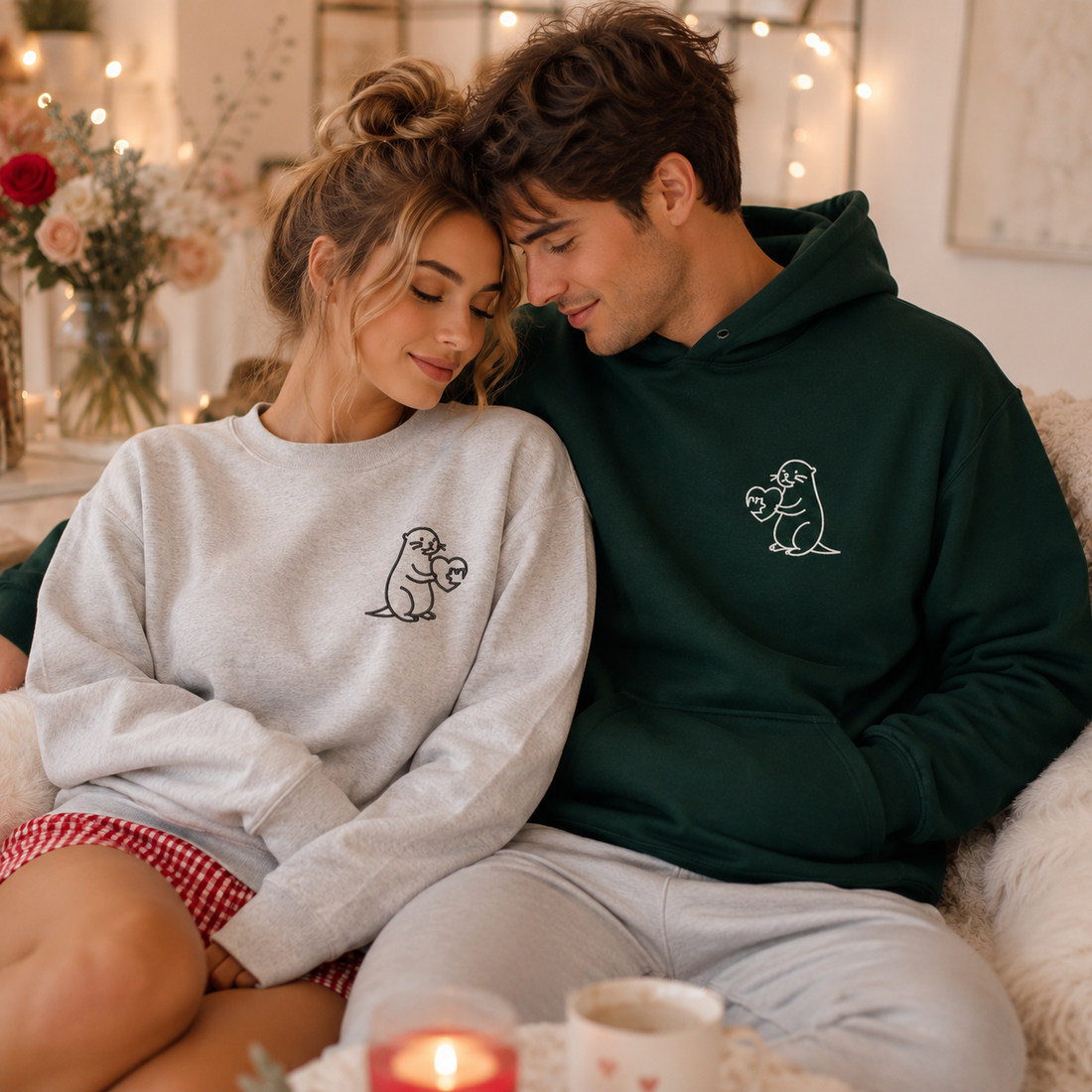 Embroidered Matching Otter Valentines Sweatshirt, Custom Initial Sleeve, Cute Couples Gift, Hoodie for Valentine's Day Celebration