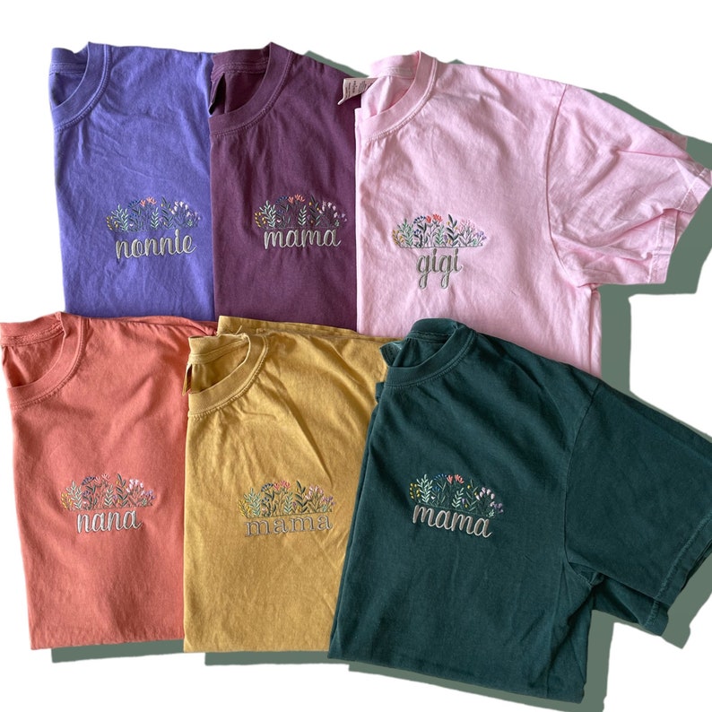 Personalized Floral Embroidered Mama, Grandma Shirt, Comfort Colors Tee