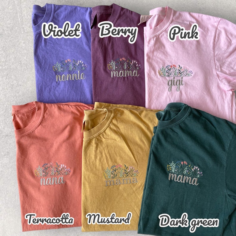 Personalized Floral Embroidered Mama, Grandma Shirt, Comfort Colors Tee