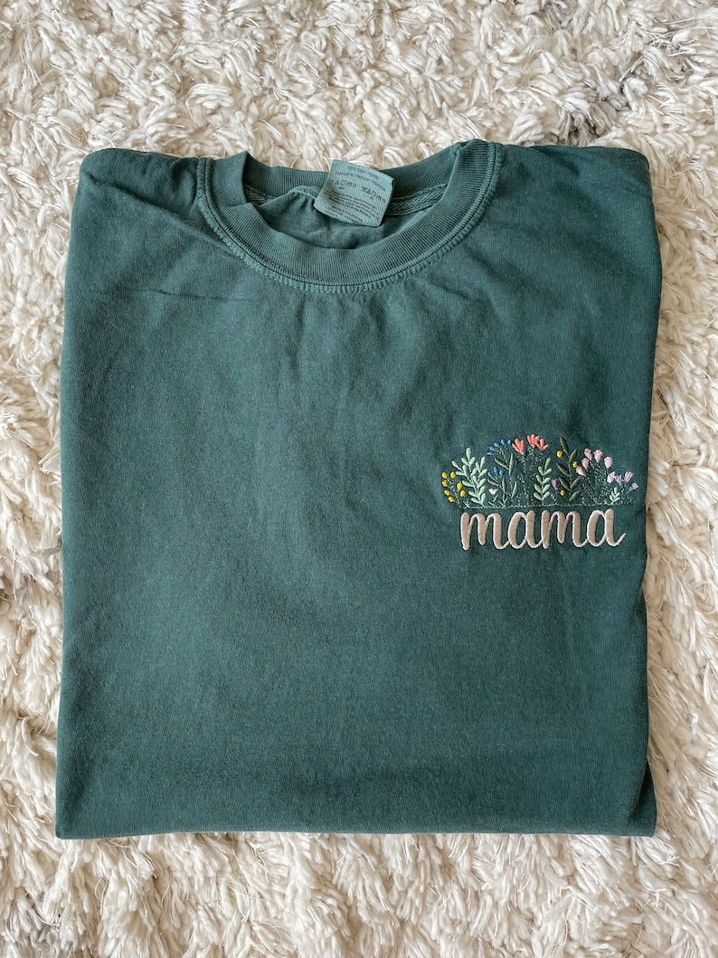 Personalized Floral Embroidered Mama, Grandma Shirt, Comfort Colors Tee