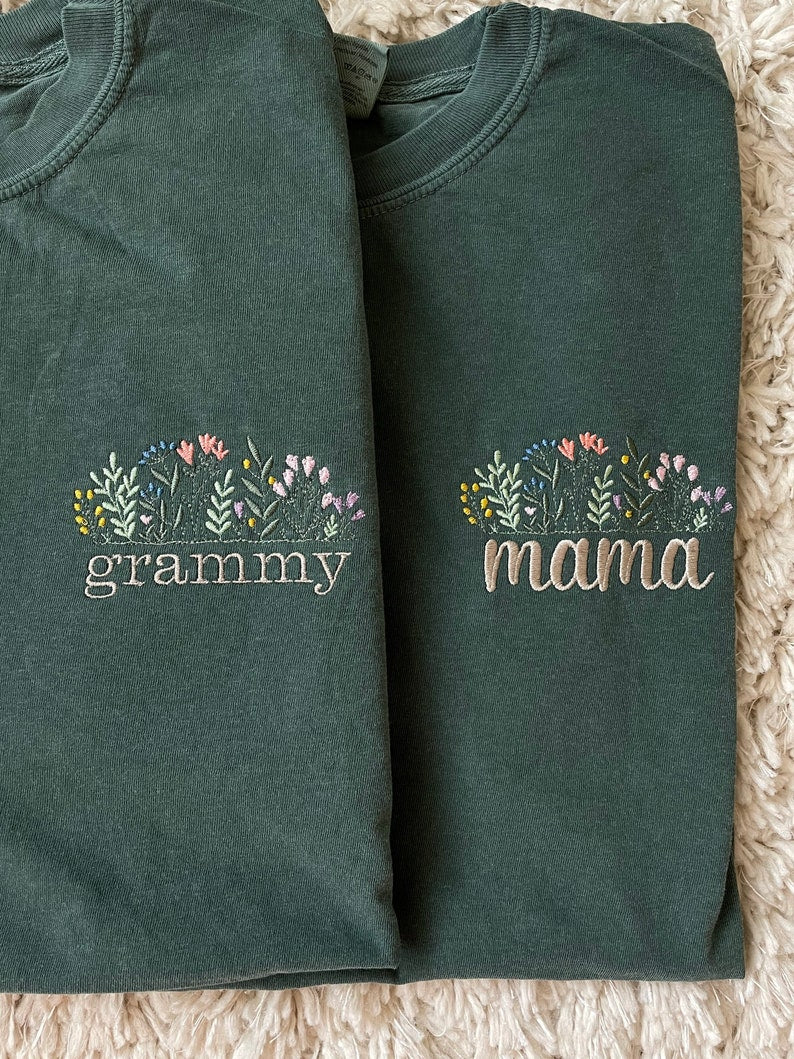 Personalized Floral Embroidered Mama, Grandma Shirt, Comfort Colors Tee