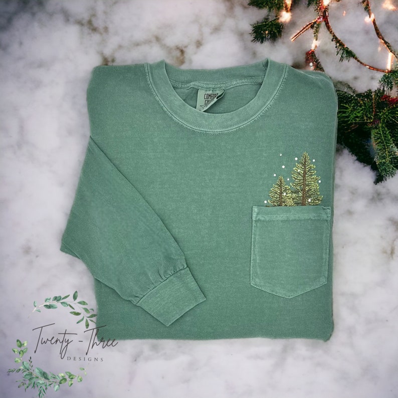 Embroidered winter trees long sleeve, embroidered trees, Pocket t-shirt, pocket long sleeve, Comfort colors, Christmas trees, Christmas