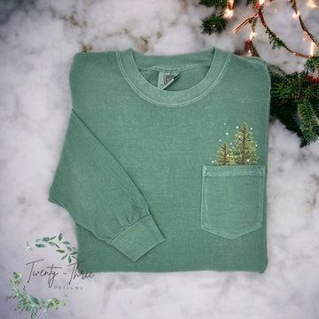 Embroidered winter trees long sleeve, embroidered trees, Pocket t-shirt, pocket long sleeve, Comfort colors, Christmas trees, Christmas