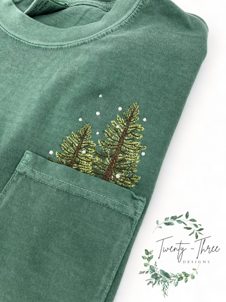 Embroidered winter trees long sleeve, embroidered trees, Pocket t-shirt, pocket long sleeve, Comfort colors, Christmas trees, Christmas