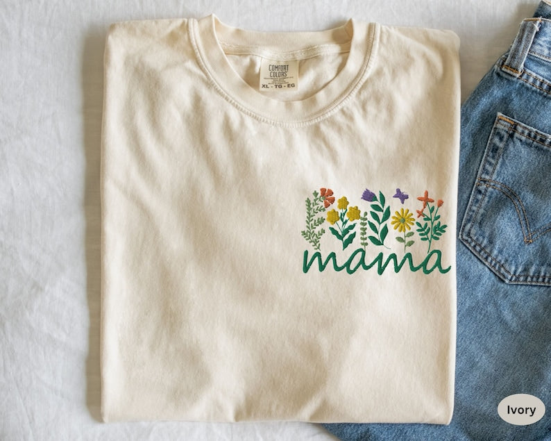 Mama Embroidered Shirt Comfort Colors® Floral Mama T-shirt First Mothers Day Gift For Mom Shirt Embroidery Mommy T Shirt Mom To be Gift