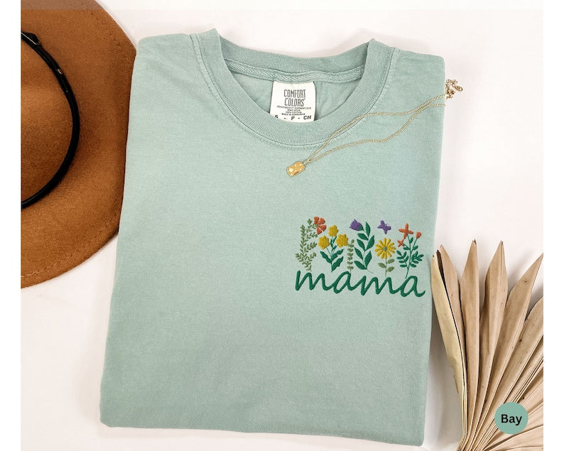Mama Embroidered Shirt Comfort Colors® Floral Mama T-shirt First Mothers Day Gift For Mom Shirt Embroidery Mommy T Shirt Mom To be Gift