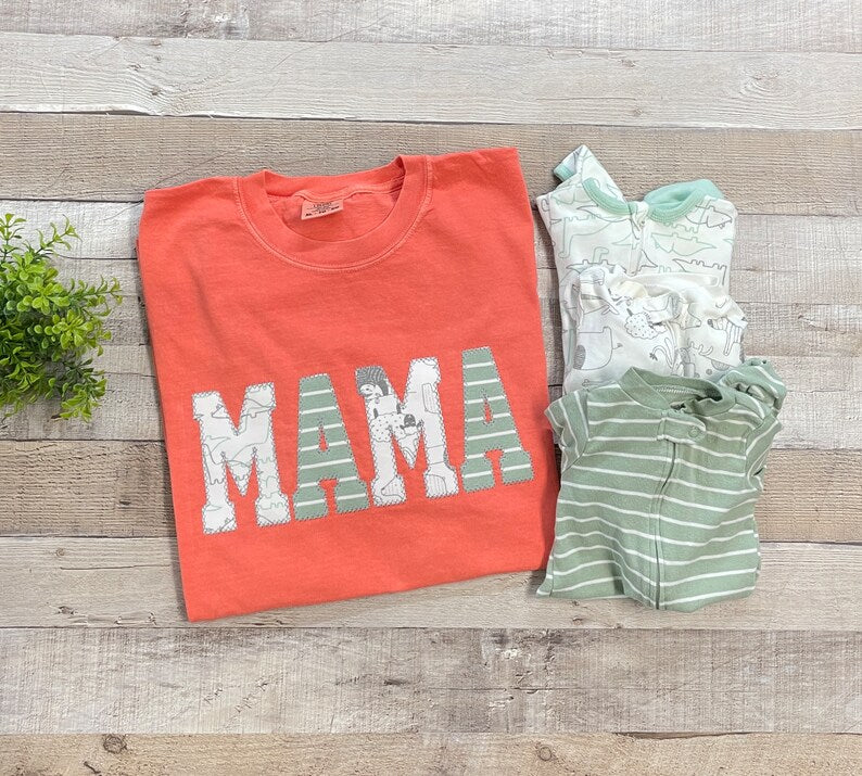Comfort Colors Mama Keepsake T-Shirt Embroidered Mama Tshirt Baby Clothes Shirt Gift for New Mom Dad or Grandma Pregnancy Reveal Shirt