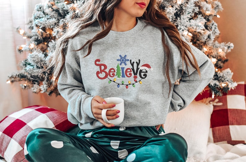 Embroidered Believe Christmas Sweatshirt, Embroidered Tis The Season, Believe Christmas Tee, Merry Christmas, Merry And Bright,Winter Hoodie