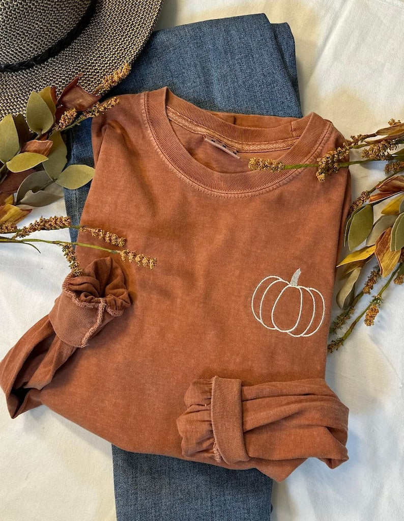Pumpkin Comfort Colors Embroidered Tee - Pumpkin Outline T-Shirt - Simple Fall Pumpkin Crewneck T-Shirt - Minimal Fall Long Sleeve T-Shirt