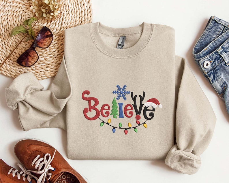 Embroidered Believe Christmas Sweatshirt, Embroidered Tis The Season, Believe Christmas Tee, Merry Christmas, Merry And Bright,Winter Hoodie