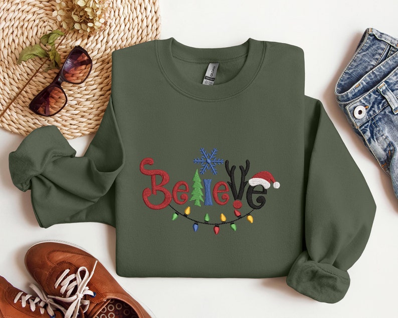 Embroidered Believe Christmas Sweatshirt, Embroidered Tis The Season, Believe Christmas Tee, Merry Christmas, Merry And Bright,Winter Hoodie