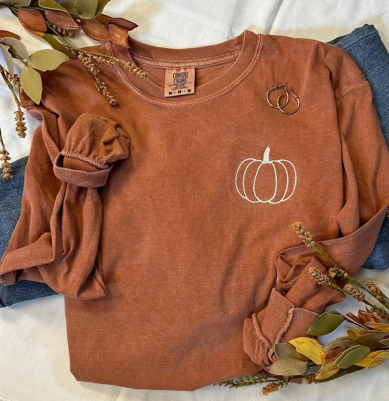 Pumpkin Comfort Colors Embroidered Tee - Pumpkin Outline T-Shirt - Simple Fall Pumpkin Crewneck T-Shirt - Minimal Fall Long Sleeve T-Shirt