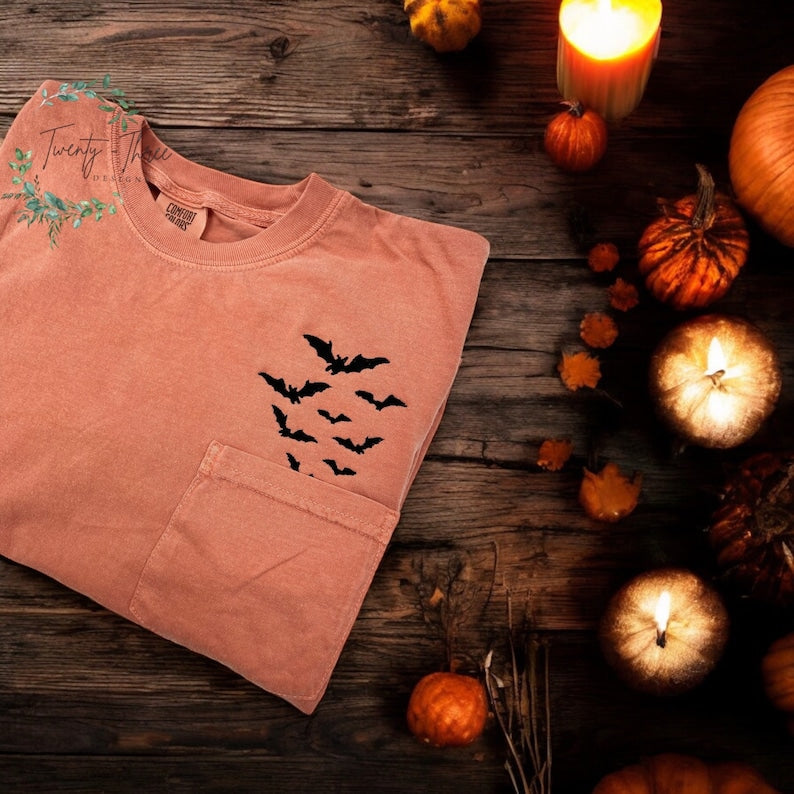 Embroidered bats shirt, Halloween tshirt, Spooky Season, Bats shirt, Halloween, Extended sizes, Embroidery, Embroidered bats, Comfort colors