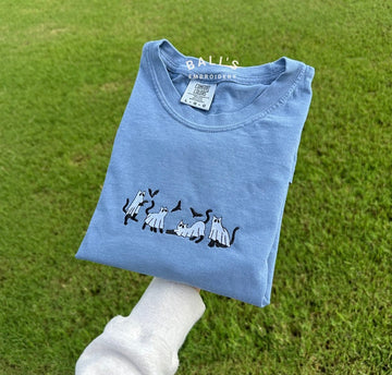 Embroidery Ghost Cats Halloween Comfort Colors Shirts, Halloween Ghost Cats Hoodie, Embroidered Cat Ghost spooky funny, Bats and cats ghost