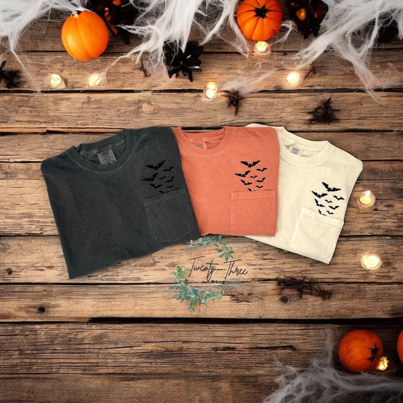 Embroidered bats shirt, Halloween tshirt, Spooky Season, Bats shirt, Halloween, Extended sizes, Embroidery, Embroidered bats, Comfort colors