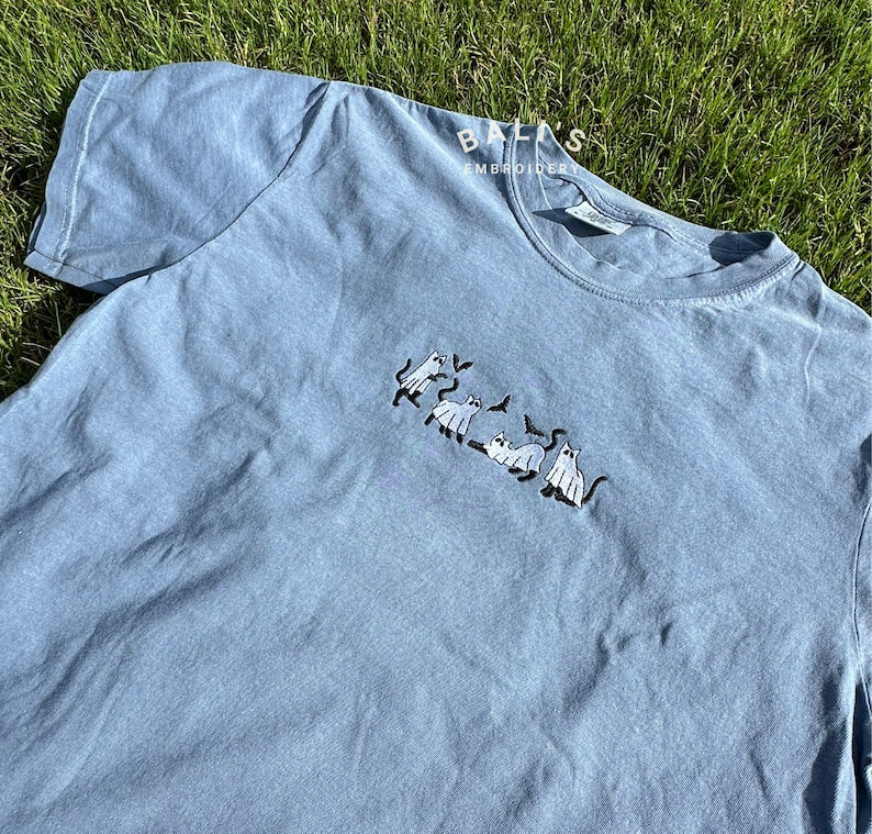 Embroidery Ghost Cats Halloween Comfort Colors Shirts, Halloween Ghost Cats Hoodie, Embroidered Cat Ghost spooky funny, Bats and cats ghost