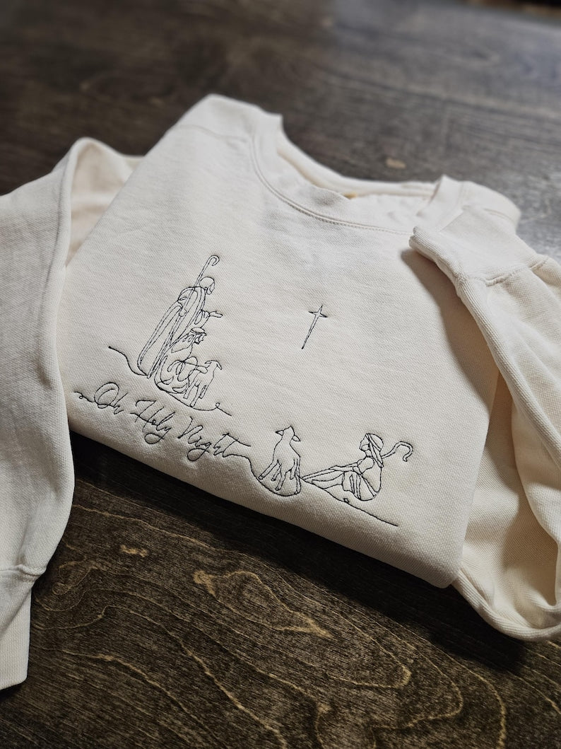 Christmas Oh HOLY NIGHT jesus crewneck sweatshirts, holiday sweater, christmas sweater, embroidered sweatshirt, gingerbread, Santa, gift