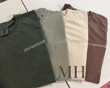 Embroidered Roman Numeral Shirt, Custom Wedding Date T-Shirt, Personalized Date Couples Short Sleeve, Anniversary Wedding Couples Gift