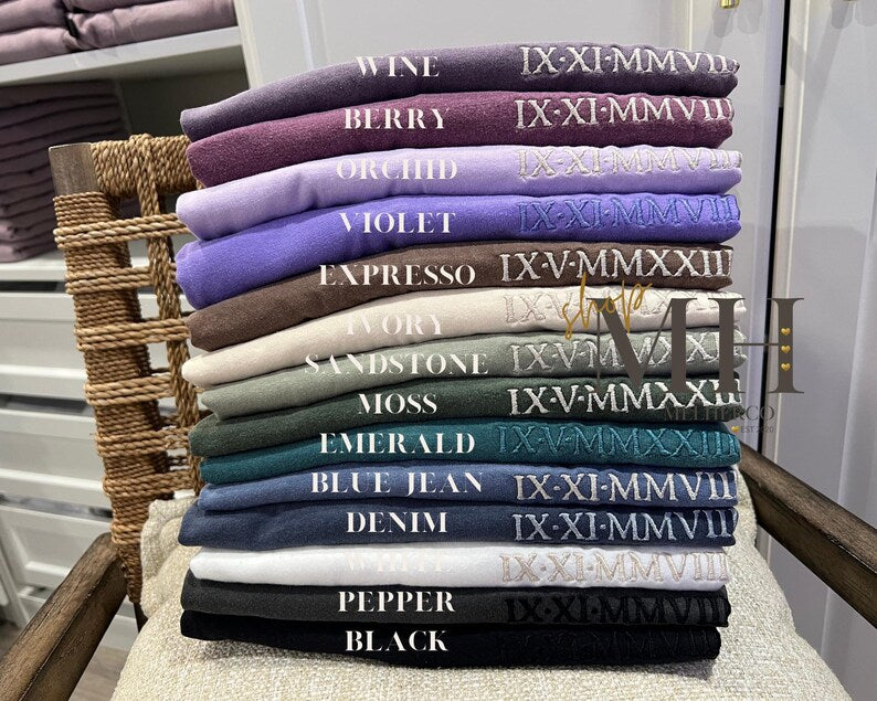 Embroidered Roman Numeral Shirt, Custom Wedding Date T-Shirt, Personalized Date Couples Short Sleeve, Anniversary Wedding Couples Gift