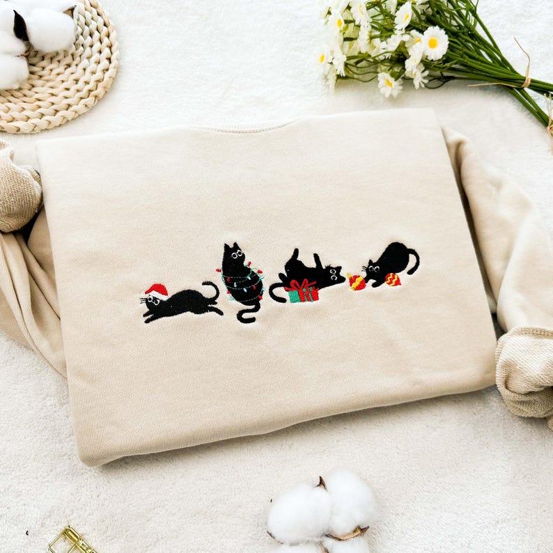 Embroidered Christmas Cat Sweatshirt: Funny Holiday Hoodie, 100% Cotton Unisex Sweatshirt