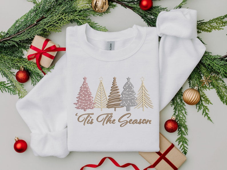 Christmas Tree Embroidered Sweatshirt, Holiday Crewneck