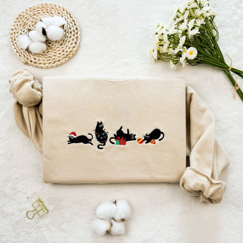 Embroidered Christmas Cat Sweatshirt: Funny Holiday Hoodie, 100% Cotton Unisex Sweatshirt