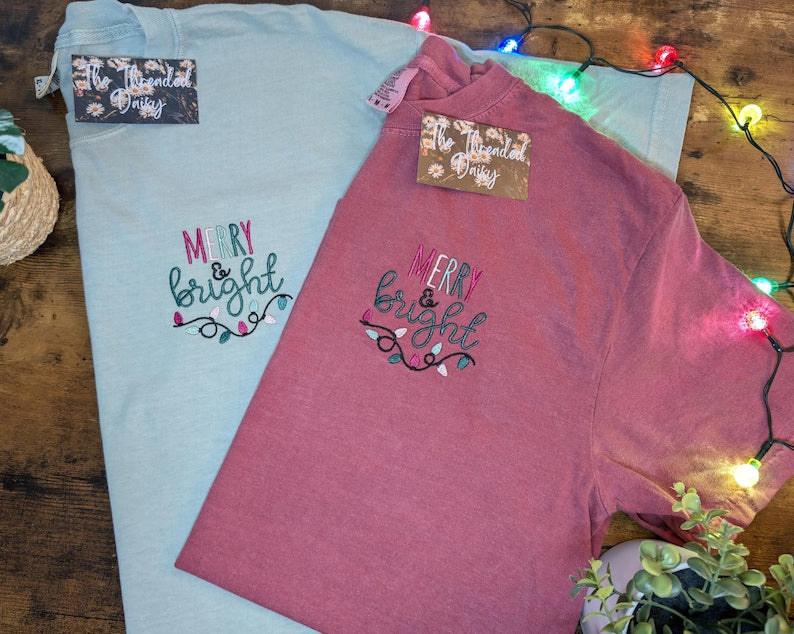Merry & Bright Embroidered Comfort Colors Tee, Lights, Christmas, Holiday Season Embroidery, Comfort Colors Shirts