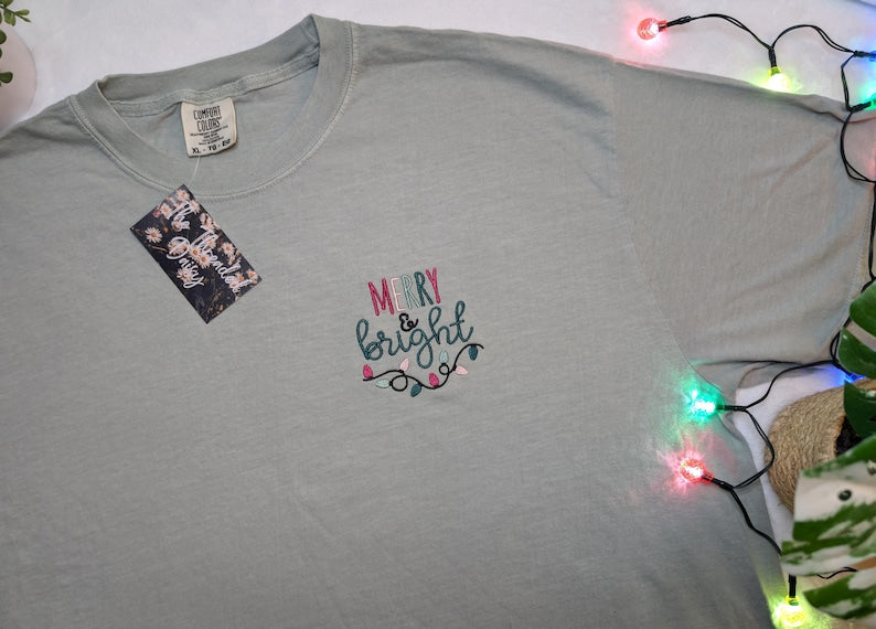 Merry & Bright Embroidered Comfort Colors Tee, Lights, Christmas, Holiday Season Embroidery, Comfort Colors Shirts