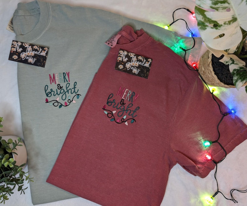Merry & Bright Embroidered Comfort Colors Tee, Lights, Christmas, Holiday Season Embroidery, Comfort Colors Shirts