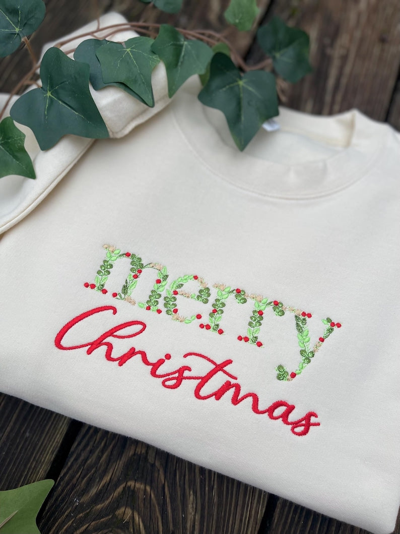 Embroidered Merry Christmas sweatshirt, Merry Christmas, Xmas sweatshirt, Embroidered Christmas Crewneck Sweatshirt Christmas Floral Sweater