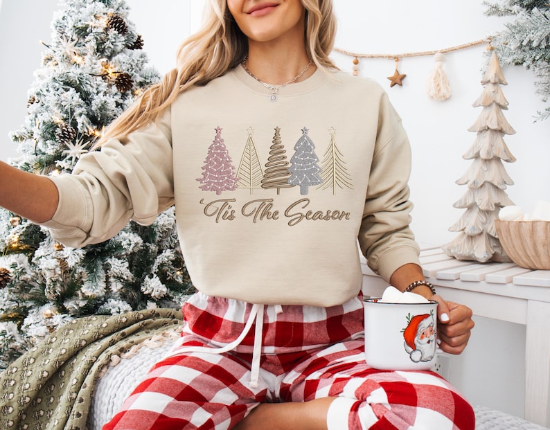 Christmas Tree Embroidered Sweatshirt, Holiday Crewneck
