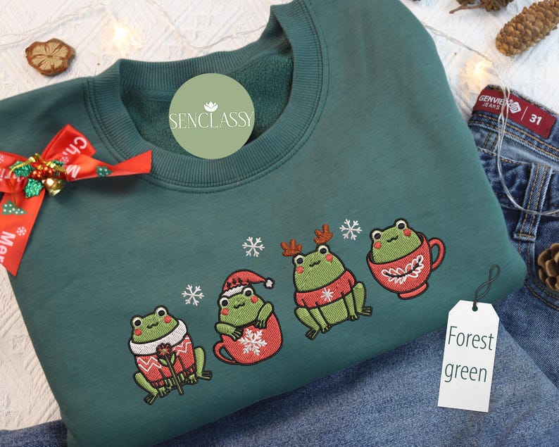 Cute Frog Christmas Tree Embroidered Sweatshirt, Christmas Animal Sweater, Xmas Frog Crewneck, Woman Holiday Shirt, Frog Lover Shirt