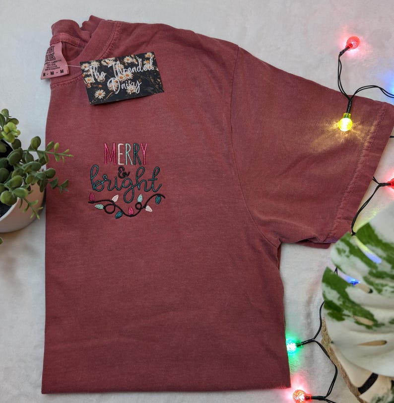 Merry & Bright Embroidered Comfort Colors Tee, Lights, Christmas, Holiday Season Embroidery, Comfort Colors Shirts
