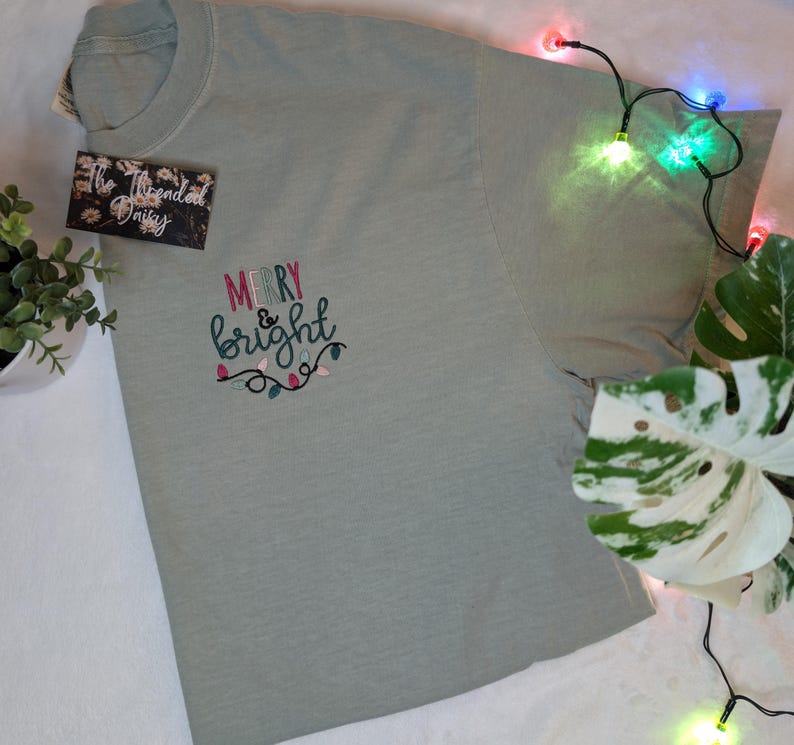 Merry & Bright Embroidered Comfort Colors Tee, Lights, Christmas, Holiday Season Embroidery, Comfort Colors Shirts