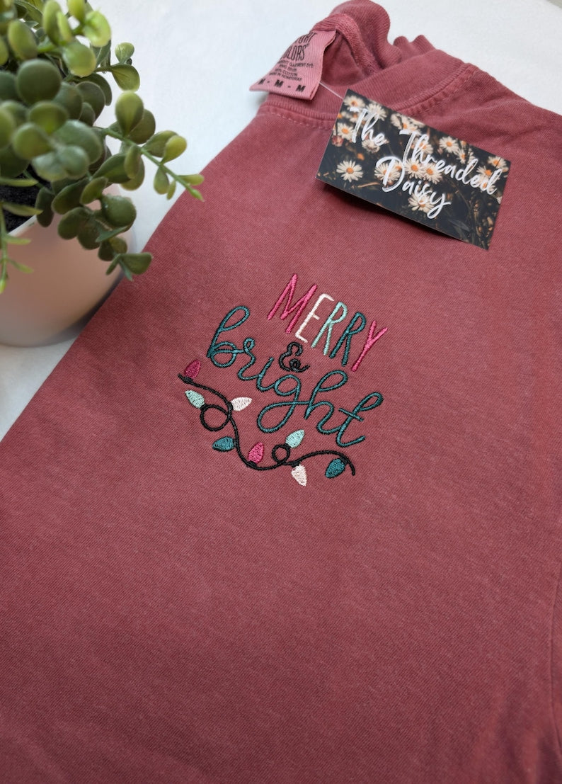 Merry & Bright Embroidered Comfort Colors Tee, Lights, Christmas, Holiday Season Embroidery, Comfort Colors Shirts