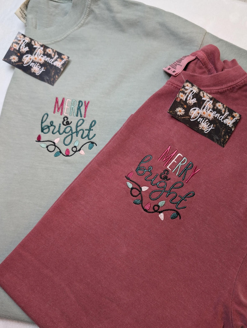 Merry & Bright Embroidered Comfort Colors Tee, Lights, Christmas, Holiday Season Embroidery, Comfort Colors Shirts