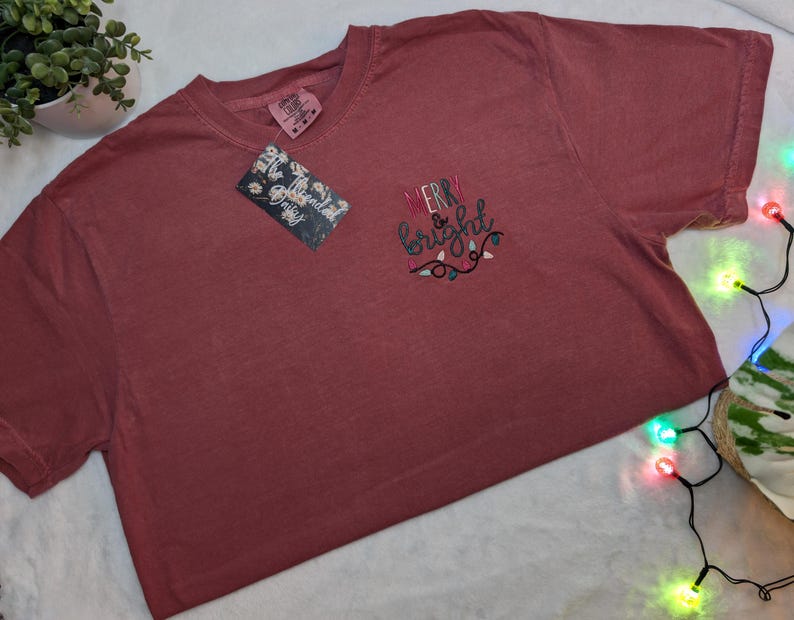 Merry & Bright Embroidered Comfort Colors Tee, Lights, Christmas, Holiday Season Embroidery, Comfort Colors Shirts
