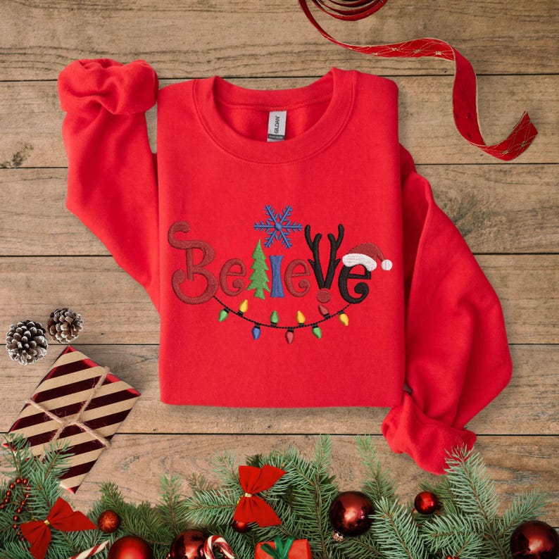 Embroidered Believe Christmas Sweatshirt, Embroidered Tis The Season, Believe Christmas Tee, Merry Christmas, Merry And Bright,Winter Hoodie