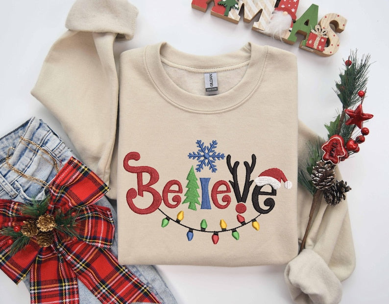 Embroidered Believe Christmas Sweatshirt, Embroidered Tis The Season, Believe Christmas Tee, Merry Christmas, Merry And Bright,Winter Hoodie