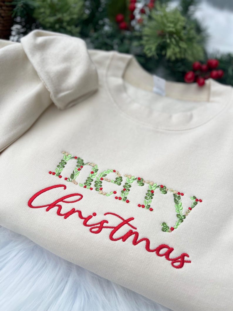 Embroidered Merry Christmas sweatshirt, Merry Christmas, Xmas sweatshirt, Embroidered Christmas Crewneck Sweatshirt Christmas Floral Sweater