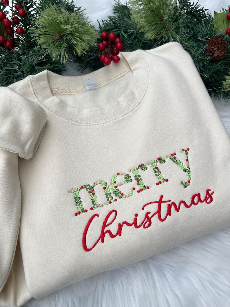 Embroidered Merry Christmas sweatshirt, Merry Christmas, Xmas sweatshirt, Embroidered Christmas Crewneck Sweatshirt Christmas Floral Sweater